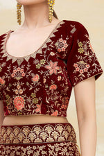 Thumbnail for Maroon Velvet Semi-Stitched Wedding Bridal Lehenga - Nimaya - Distacart