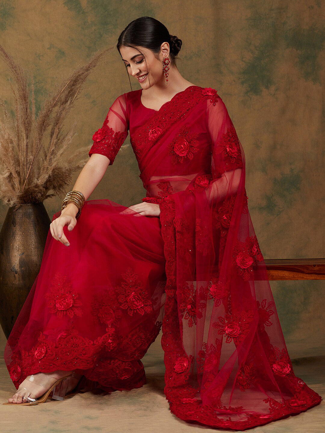 Sangria Red Floral Embroidered Saree - Distacart
