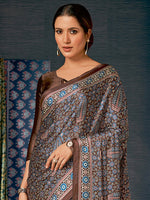Thumbnail for Saree Mall Brown & Blue Ethnic Motifs Printed Pure Crepe Block Print Saree - Distacart