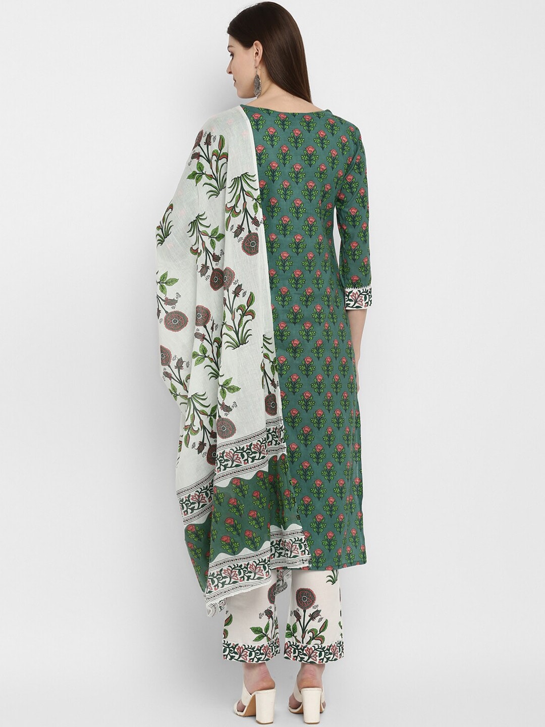 Kalini Women Green Floral Printed Pure Cotton Kurta with Trousers & Dupatta - Distacart