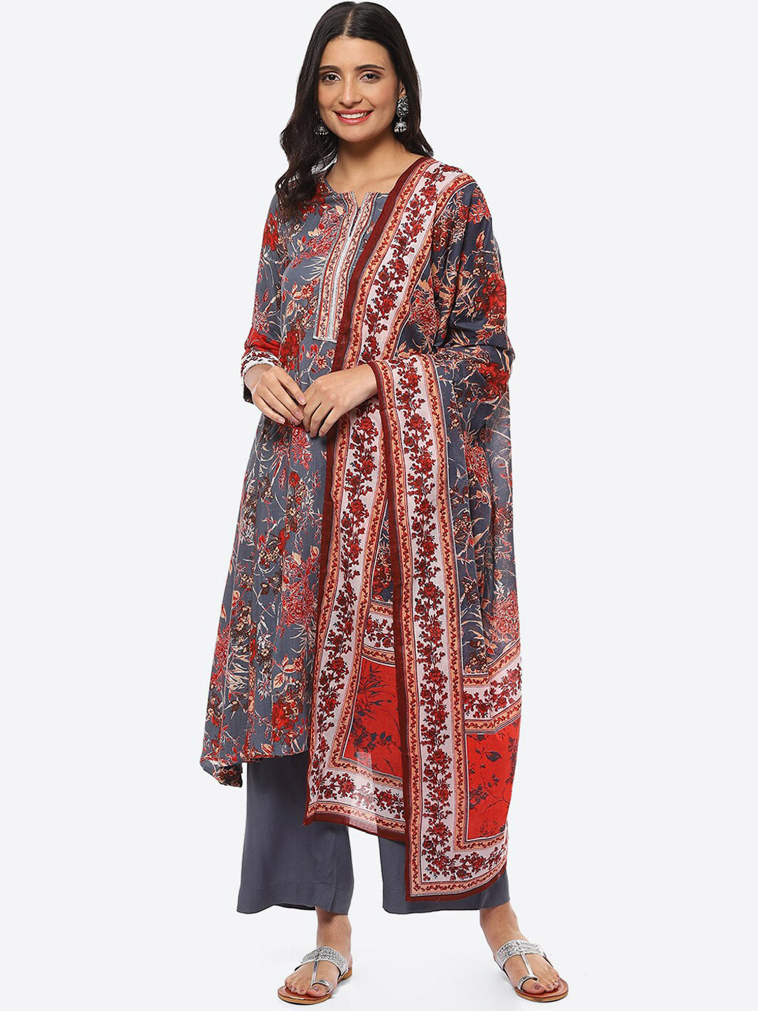 Biba Notch Neck Floral Printed Straight Kurta With Palazzos & Dupatta - Distacart