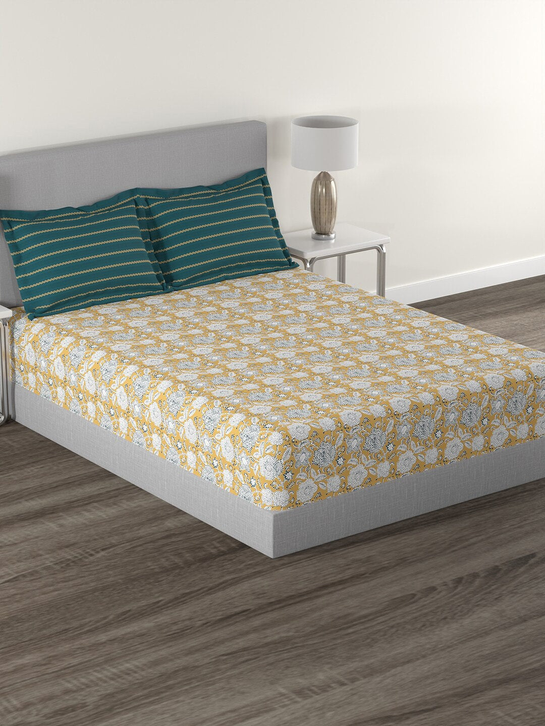 MYTRIDENT Mustard White Floral Cotton 144 TC Queen Bedsheet With 2 Pillow Covers - Distacart