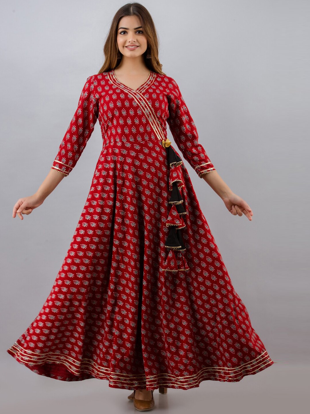 Kalini Women Maroon & Gold-Toned Ethnic Motifs Printed Flared Sleeves Gotta Patti Anarkali Kurta - Distacart