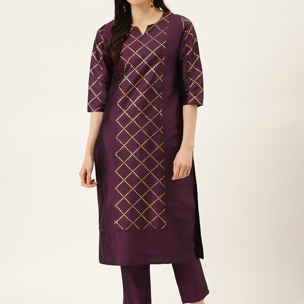 Jaipur Kurti Women Purple & Golden Printed Kurta with Trousers - Distacart