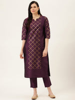 Thumbnail for Jaipur Kurti Women Purple & Golden Printed Kurta with Trousers - Distacart