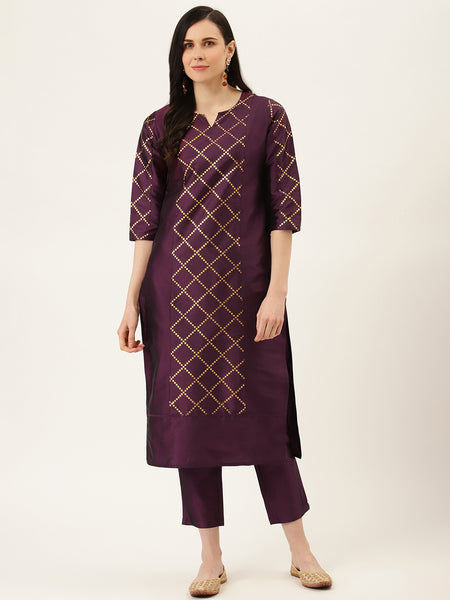 Jaipur Kurti Women Purple & Golden Printed Kurta with Trousers - Distacart