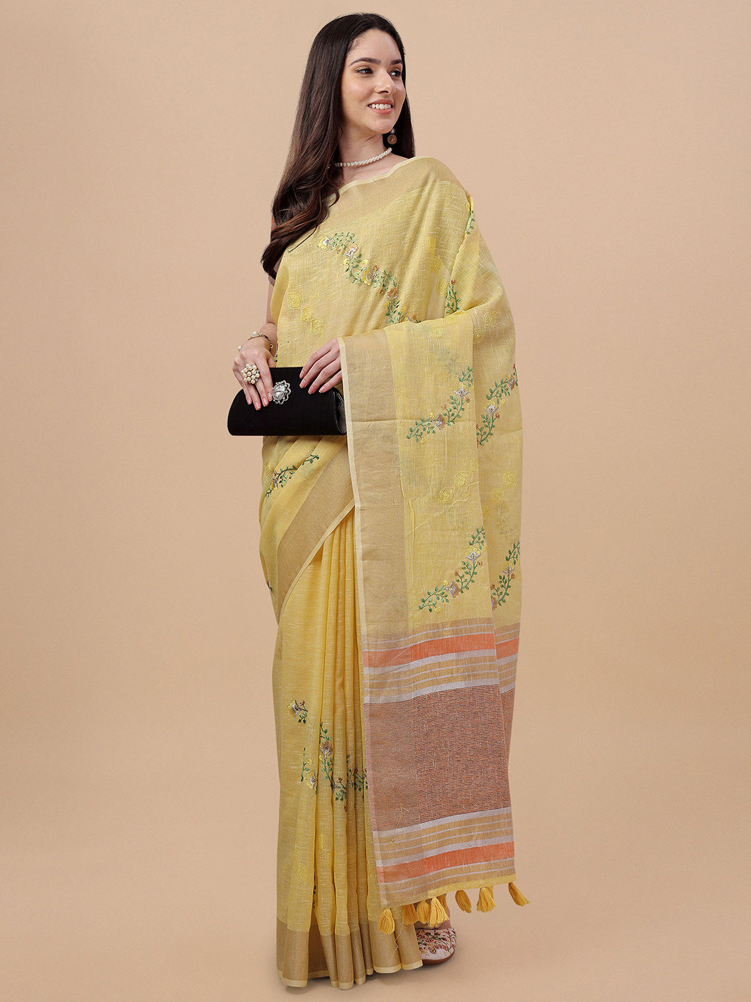 Mitera Floral Zari Pure Linen Saree - Distacart