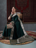Thumbnail for Mitera Green & Gold-Toned Ethnic Motifs Woven Design Zari Satin Banarasi Saree - Distacart