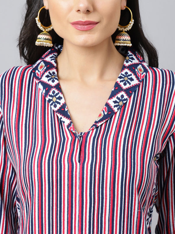 Khushal K Striped Shawl Collar Straight Kurta with Palazzos - Distacart