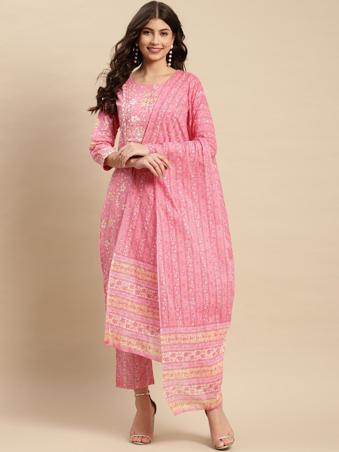 Sangria Floral Printed Pure-Cotton Straight Kurta With Trouser & Dupatta - Distacart