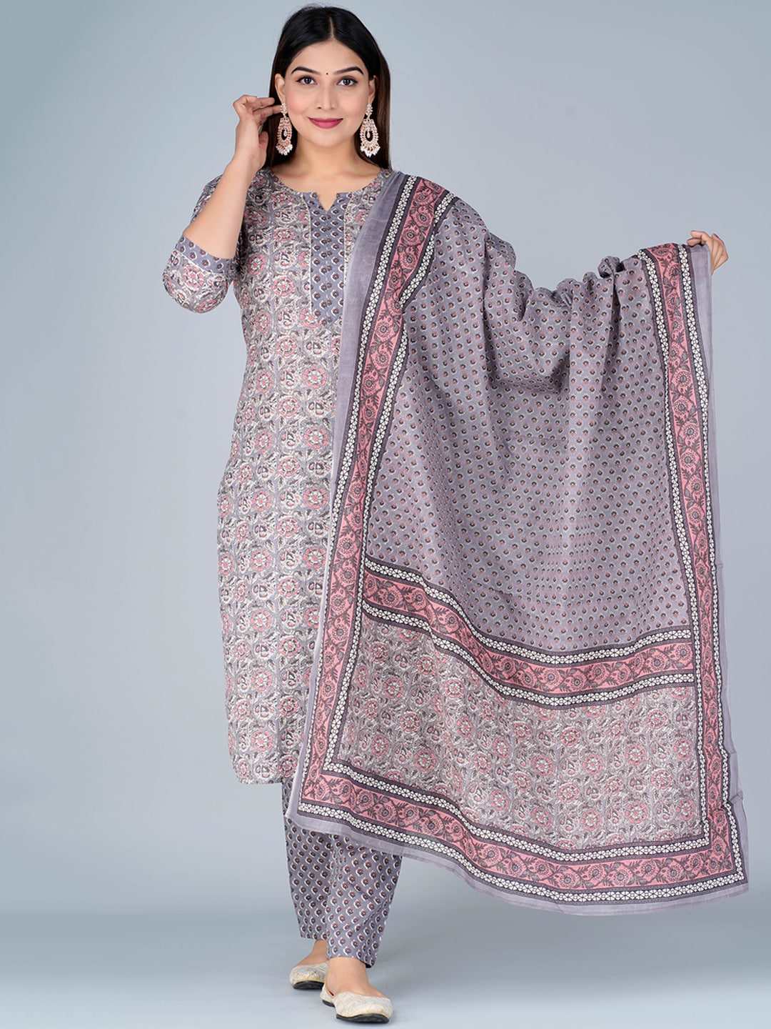 Kalini Notch Neck Floral Printed Pure Cotton Kurta with Trousers & Dupatta - Distacart
