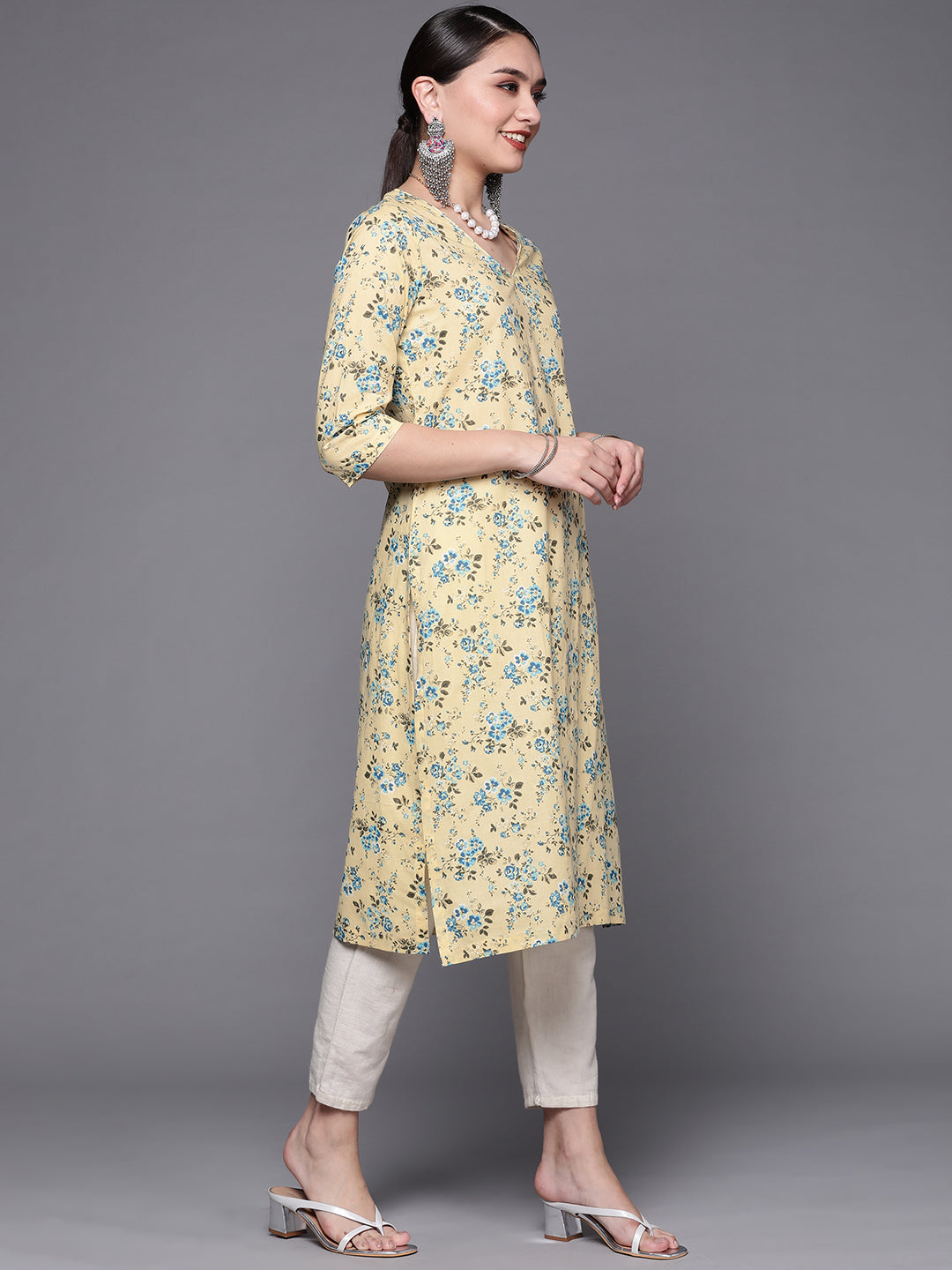 Biba Women Cream-Coloured & Blue Pure Cotton Floral Print Straight Kurta - Distacart