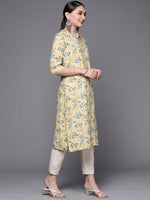 Thumbnail for Biba Women Cream-Coloured & Blue Pure Cotton Floral Print Straight Kurta - Distacart