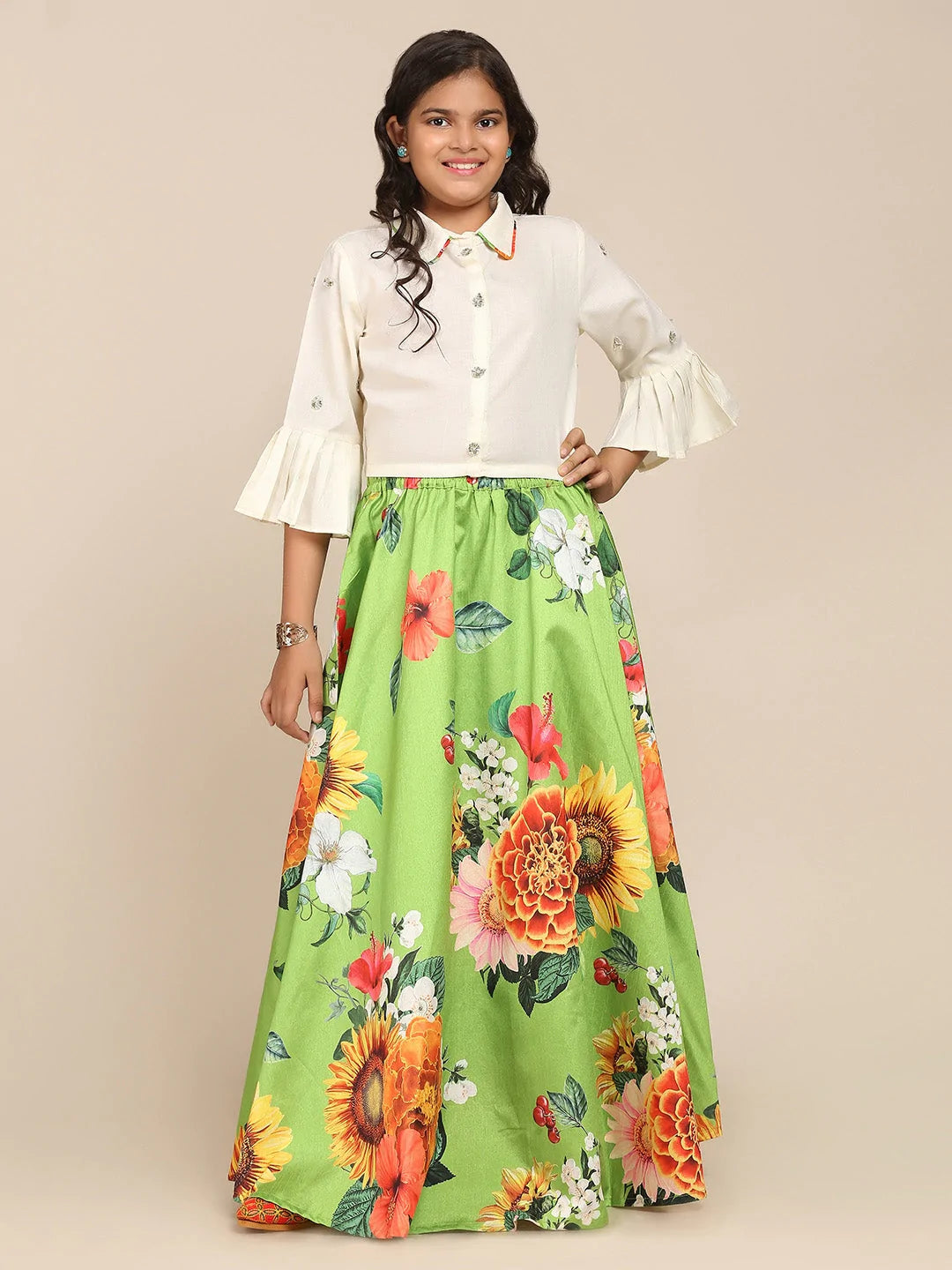 NOZ2TOZ Lime Green & White Floral Printed Ready To Wear Lehenga Choli For Girls - Distacart