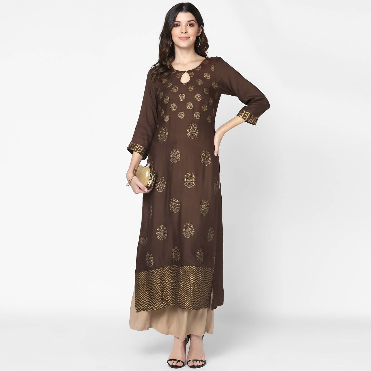 Cheera Hand Block Print Brown & Skin Color Straight Kurta With Palazzo (MAAI-081K)