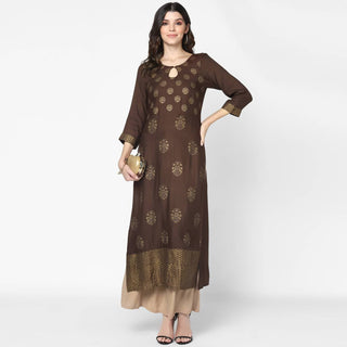 Cheera Hand Block Print Brown & Skin Color Straight Kurta With Palazzo (MAAI-081K)