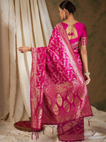 Thumbnail for Sangria Pink & Gold-Toned Floral Woven Design Zari Banarasi Saree - Distacart