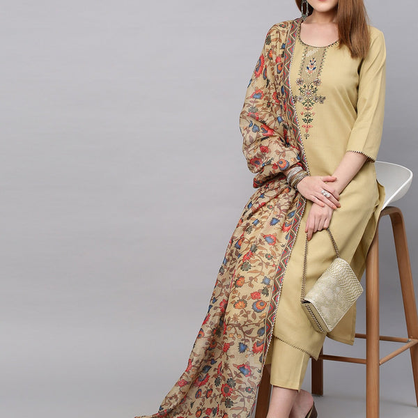 Kalini Women Beige Floral Yoke Design Straight Kurta with Trousers & With Dupatta - Distacart