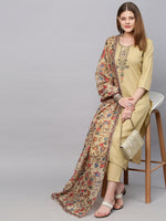 Thumbnail for Kalini Women Beige Floral Yoke Design Straight Kurta with Trousers & With Dupatta - Distacart