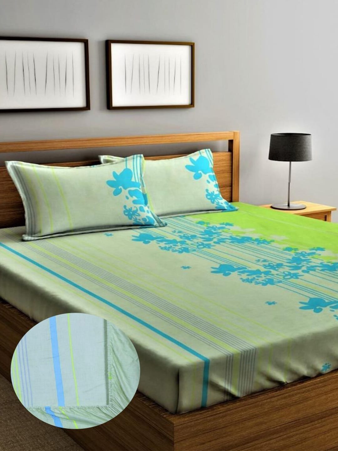 Home Sizzler Green & Blue Floral 210 TC Queen Bedsheet with 2 Pillow Covers - Distacart
