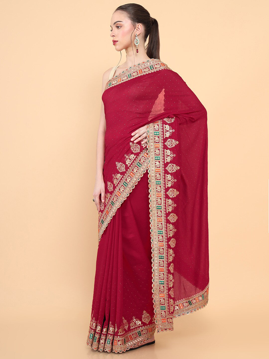 Soch Red & Gold-Toned Embroidered Silk Blend Tussar Saree - Distacart