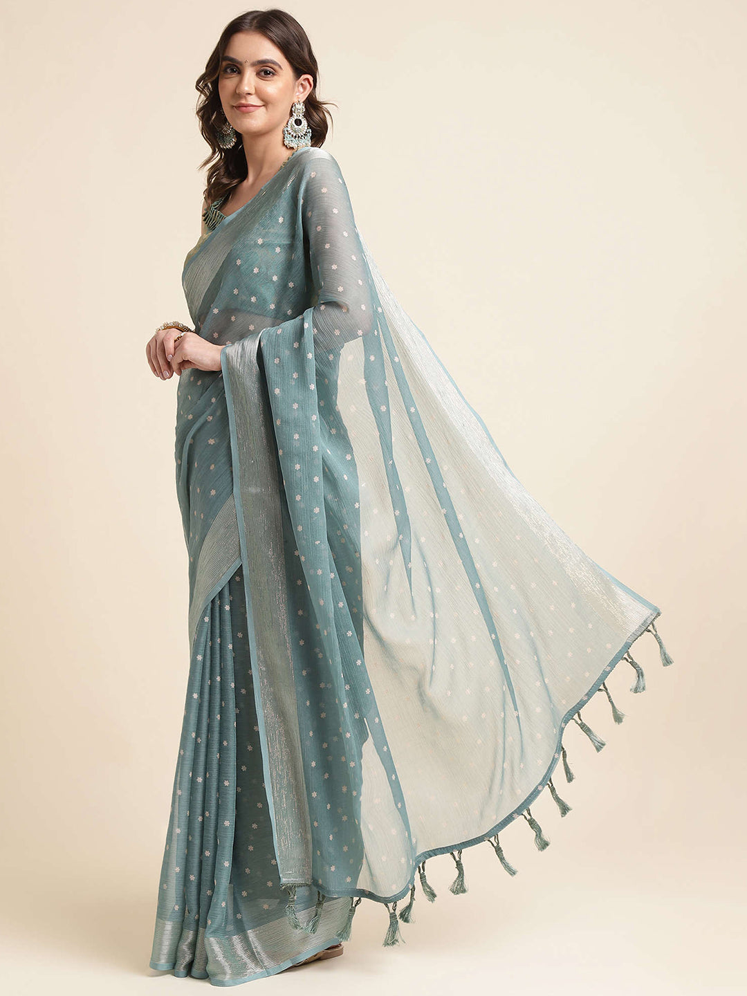 Mitera Sea Green & Gold-Toned Ethnic Motifs Woven Design Zari Pure Chiffon Saree - Distacart