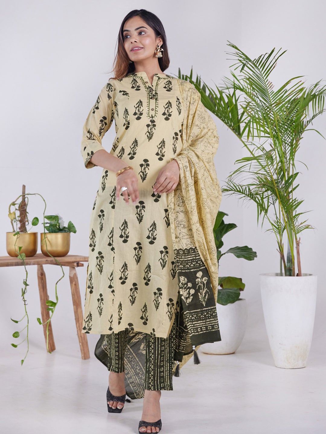 HERE&NOW Women Yellow Ethnic Motifs Printed Pleated Pure Cotton Kurti with Trousers & With Dupatta - Distacart