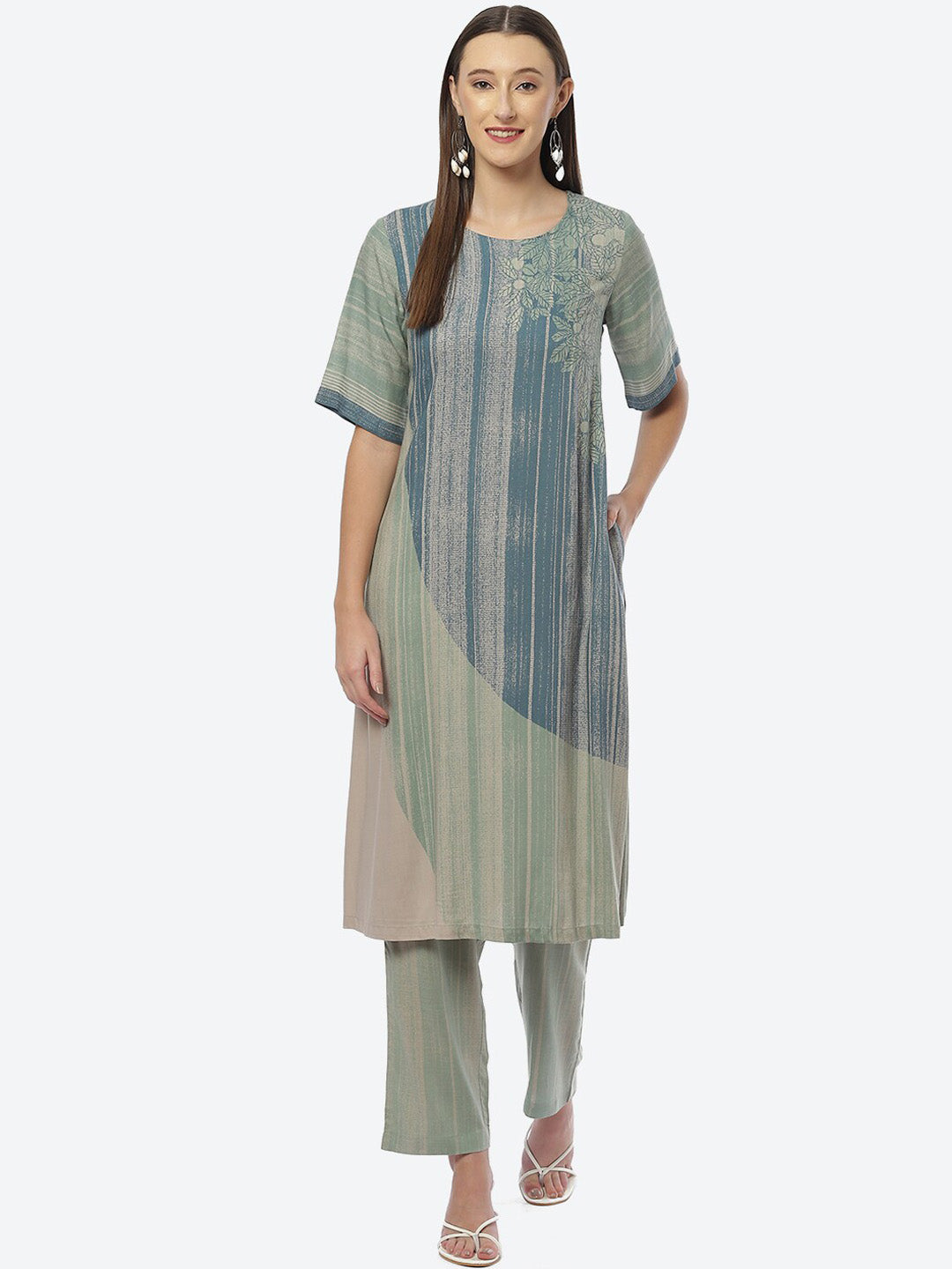 Biba Women Blue & Green Striped Kurta with Trousers - Distacart