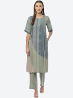 Thumbnail for Biba Women Blue & Green Striped Kurta with Trousers - Distacart