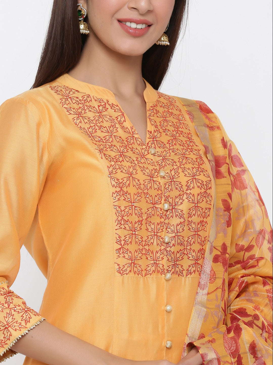Jaipur Kurti Women Yellow & Pink Yoke Design Kurta with Palazzos & Dupatta - Distacart