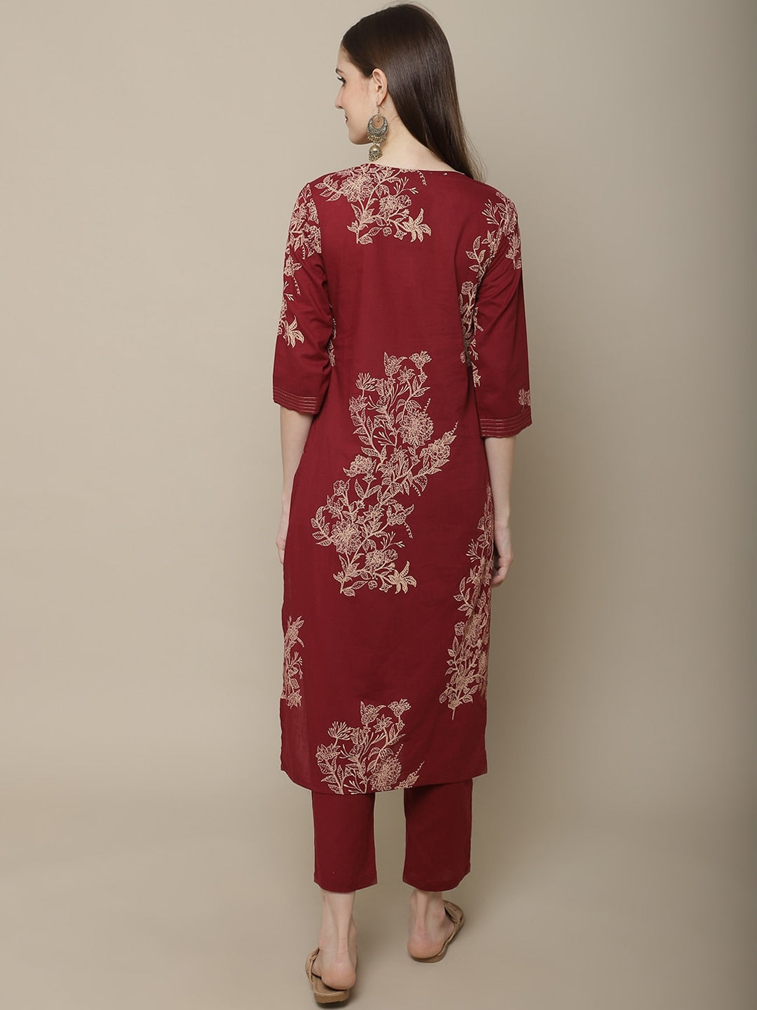Sangria Women Maroon Floral Printed Pure Cotton Straight Kurta with Trousers - Distacart