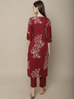 Thumbnail for Sangria Women Maroon Floral Printed Pure Cotton Straight Kurta with Trousers - Distacart