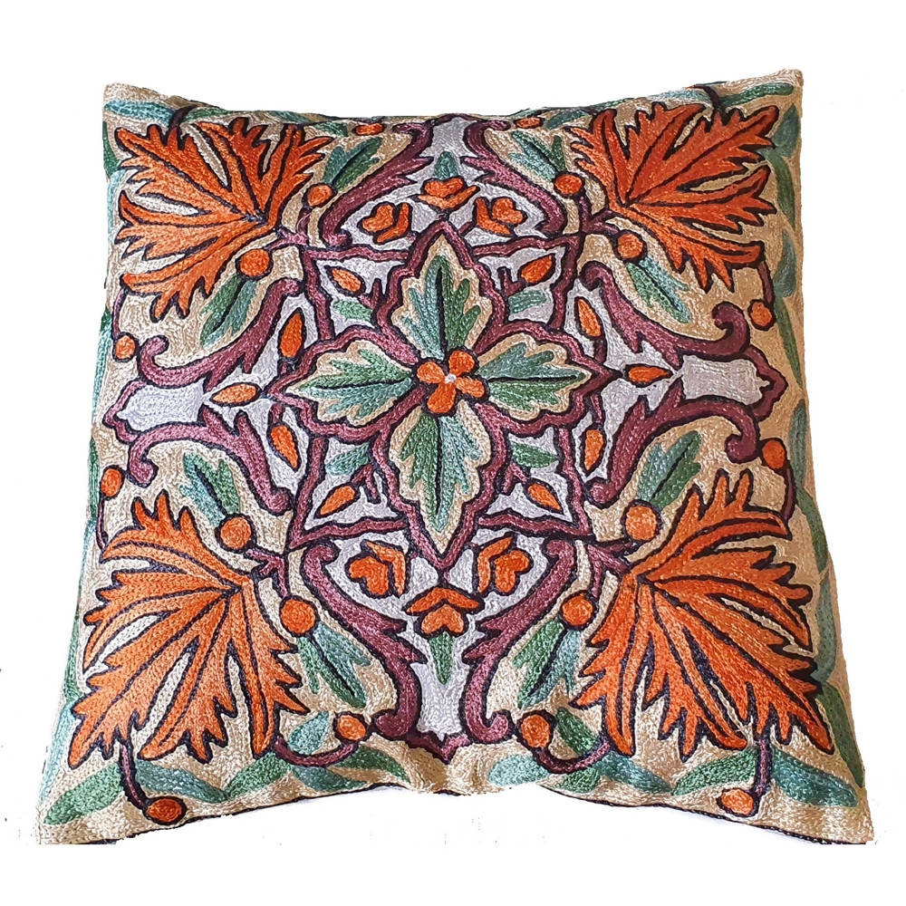 The Decor Nook Hand Embroidered Crewel Cushion Covers in Mustard & Chinar Leaf Motif with Teal Green Leaves - Distacart