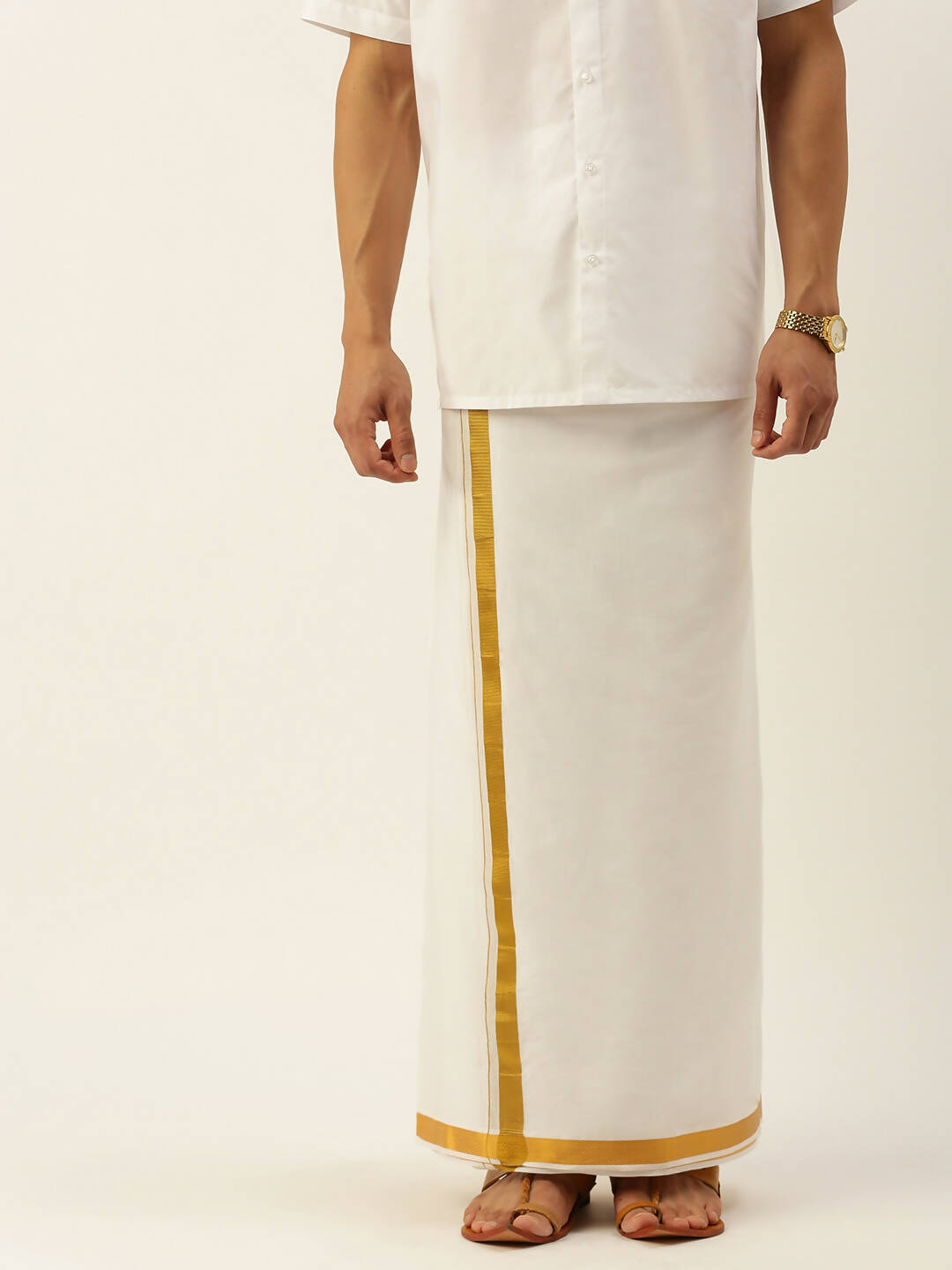 Ramraj Cotton Mens Pure Cotton 1 Inch Gold Jari Dhoti - Cream - Distacart