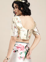 Thumbnail for Saree Mall Cream-Coloured & Pink Satin Floral Block Print Saree - Distacart