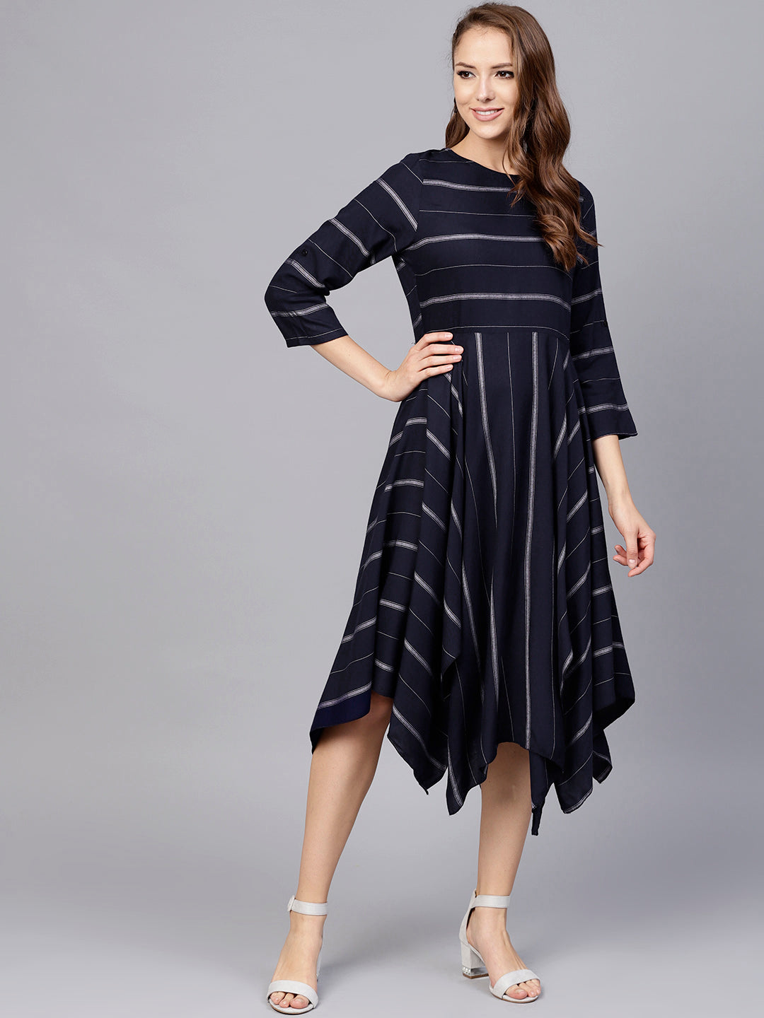 Jaipur Kurti Navy Blue & Off-White Cotton Striped A-Line Women Dress - Distacart