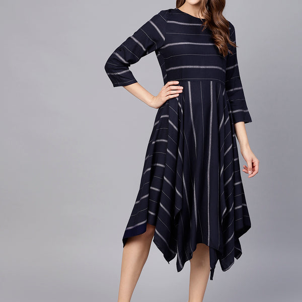 Jaipur Kurti Navy Blue & Off-White Cotton Striped A-Line Women Dress - Distacart