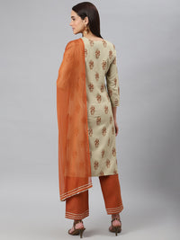 Thumbnail for Khushal K Women Taupe & Rust Red Printed Kurta with Trousers & Dupatta - Distacart