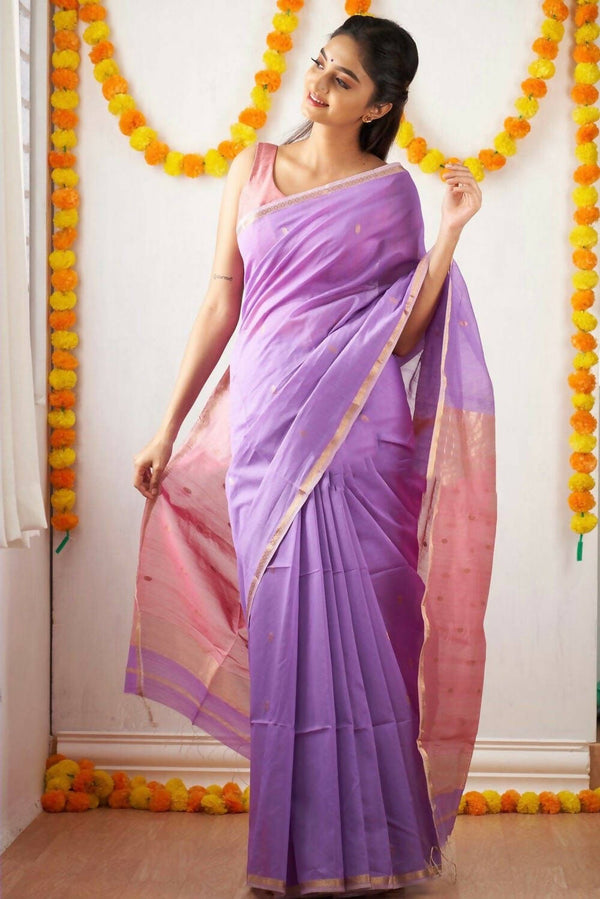 DEIANA'S Beautiful Golden Jari with New Design Soft Cotton Saree - Lavender - Distacart
