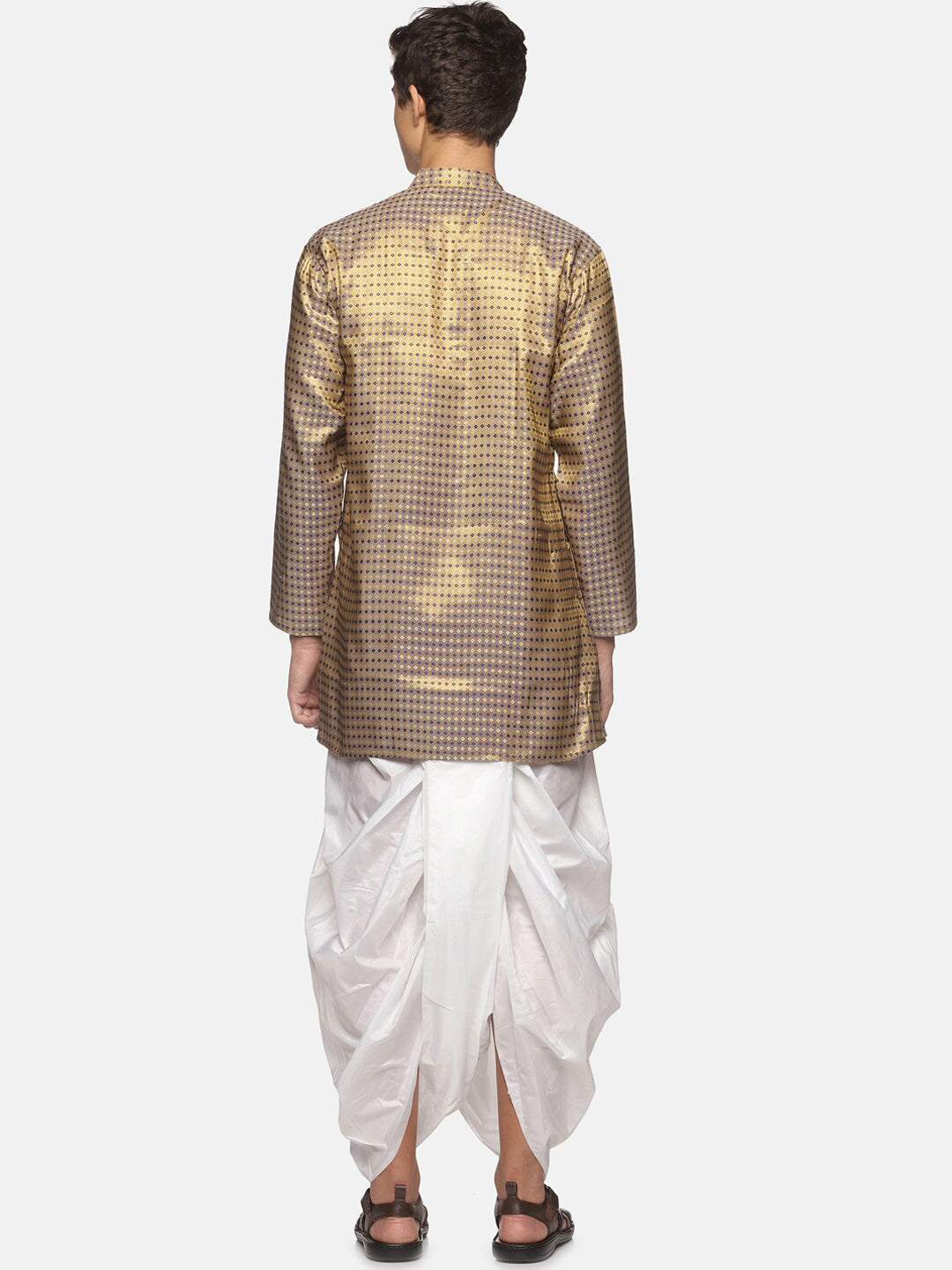 Sethukrishna Men Gold-Toned Bandhani Printed Art Silk Kurta with Dhoti Pants - Distacart