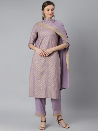 Khushal K Women Purple & Gold-Toned Printed Kurta with Trousers & Dupatta - Distacart