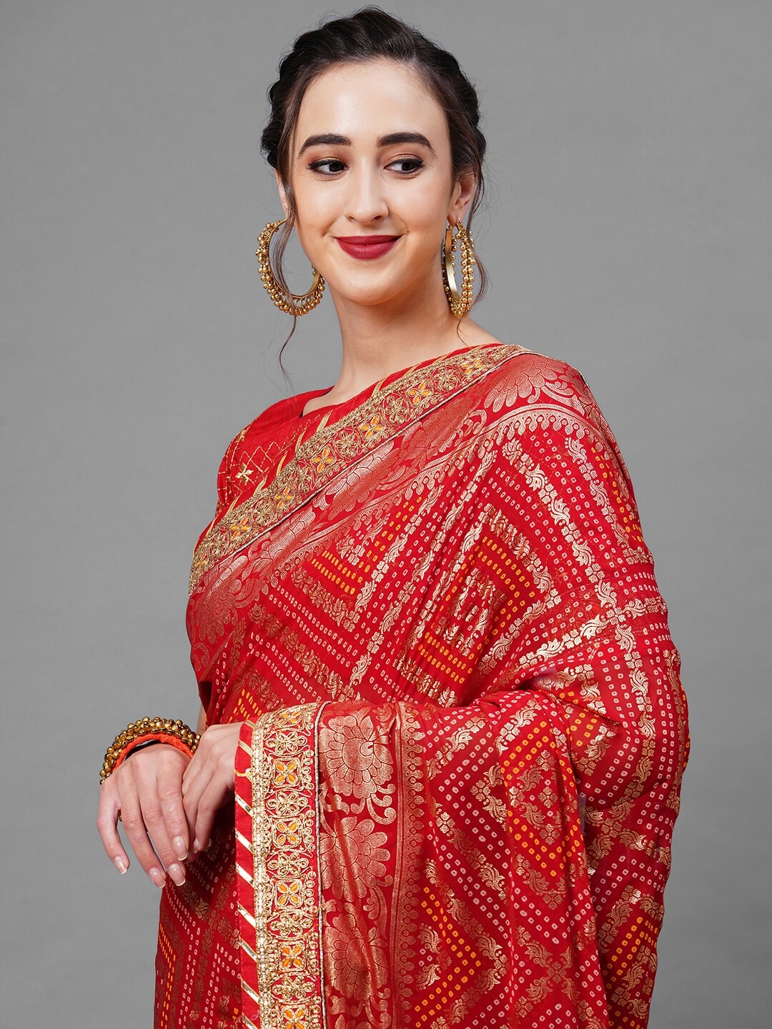 Mitera Red & Gold-Toned Woven Design Bandhani Saree - Distacart