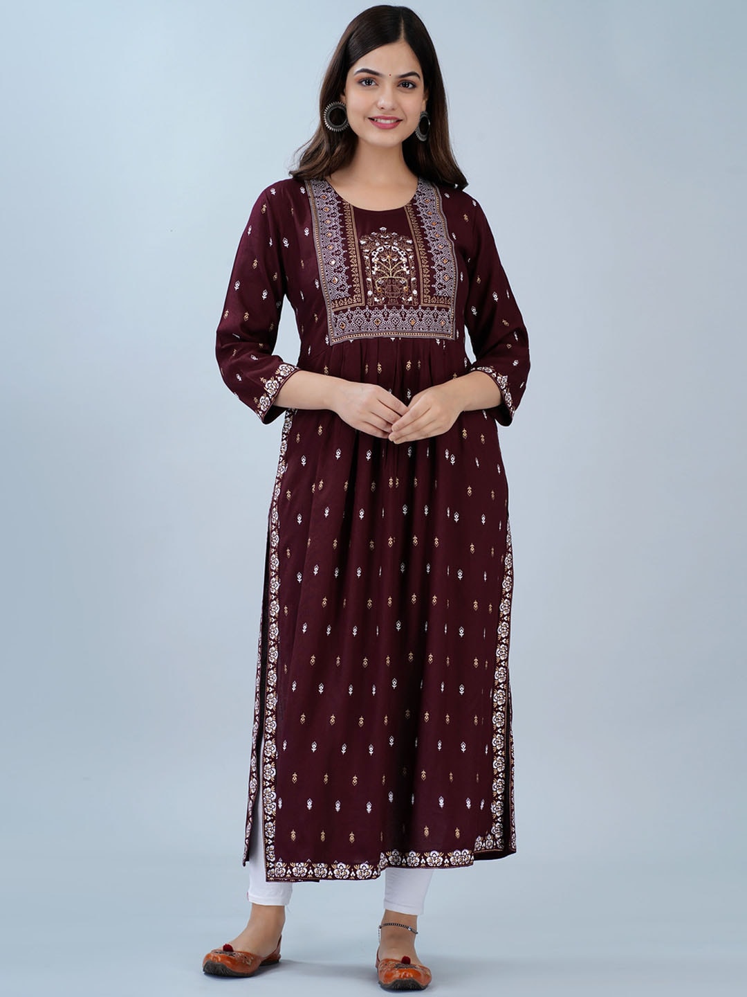 Kalini Ethnic Motifs Printed Thread Work A-Line Kurta - Distacart