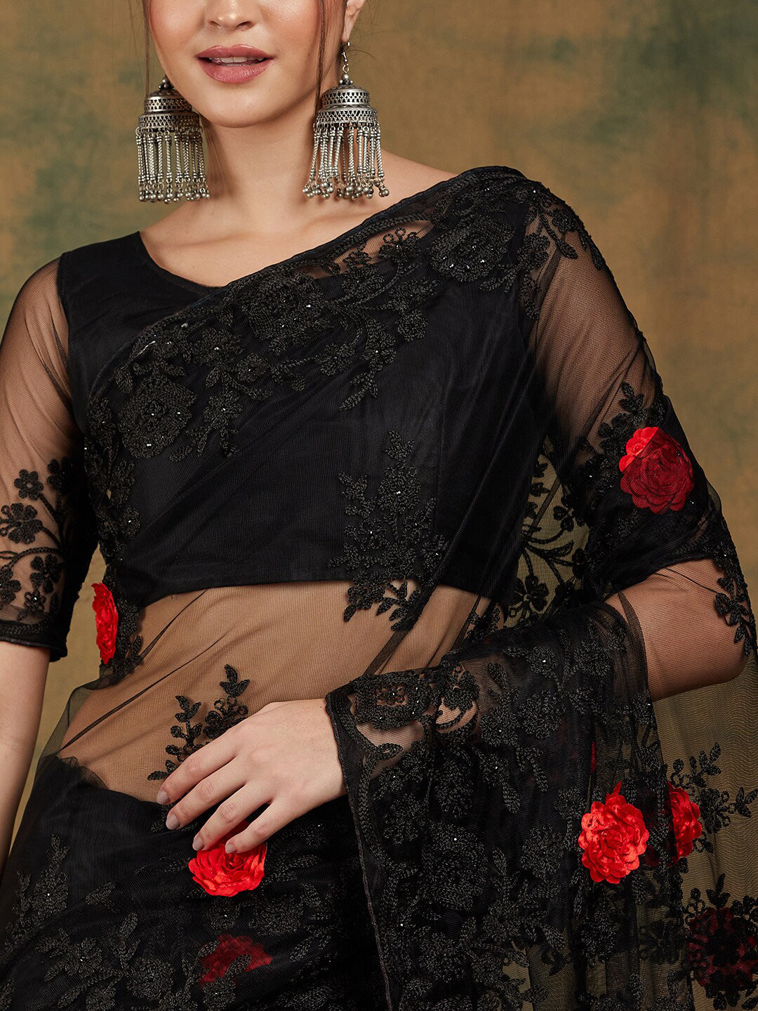 Sangria Black Floral Embroidered Saree - Distacart