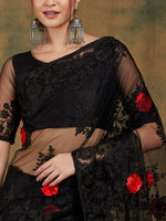 Thumbnail for Sangria Black Floral Embroidered Saree - Distacart