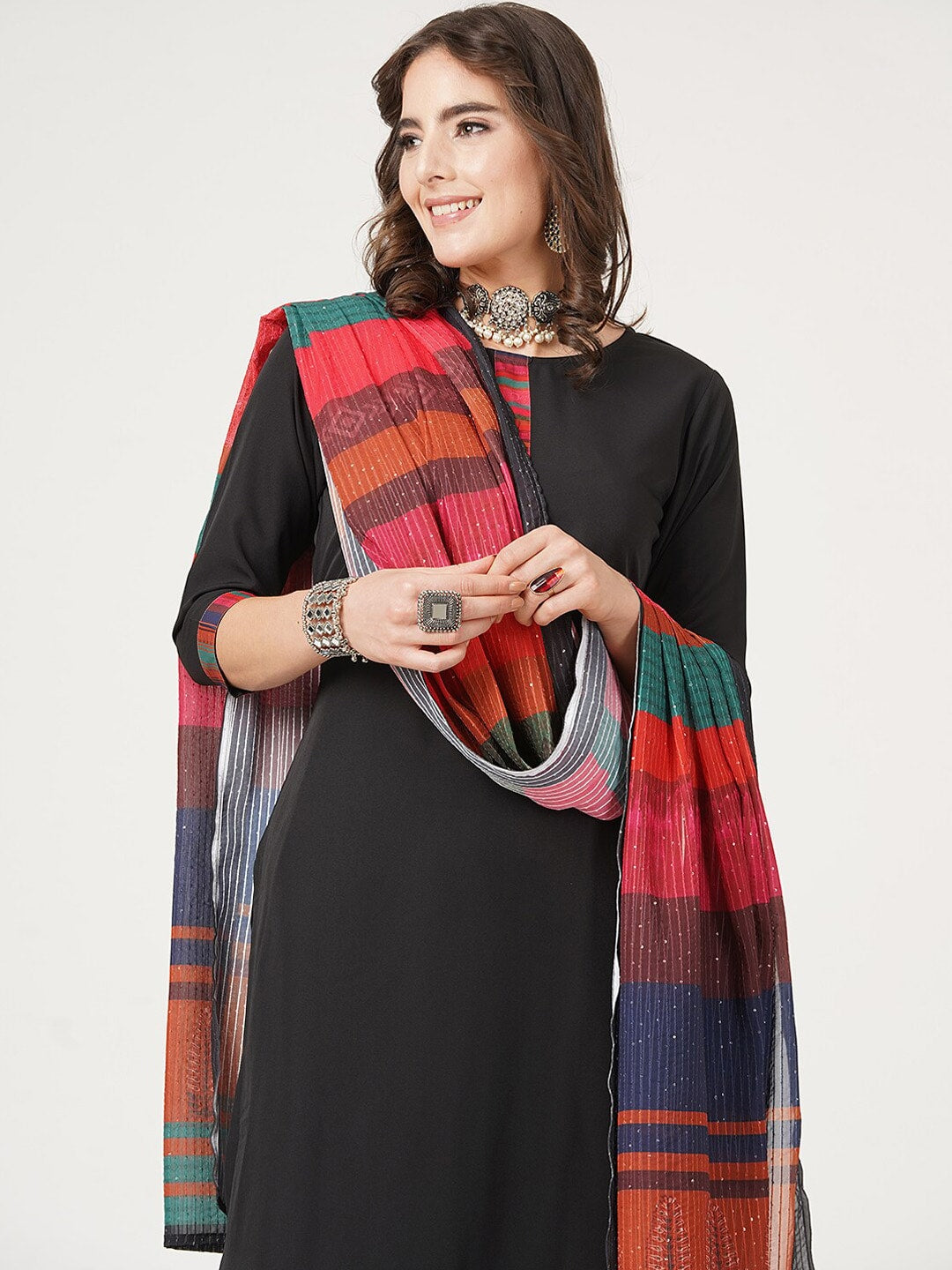 HERE&NOW Black And Red Straight Kurta with Trousers & With Dupatta - Distacart
