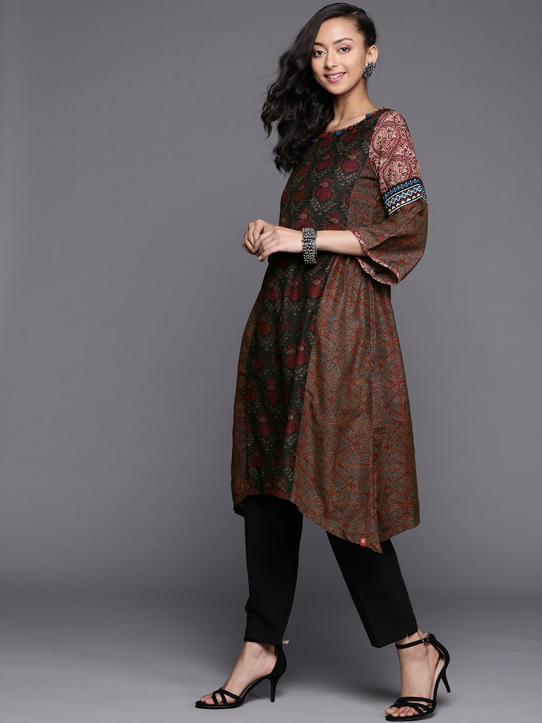 Biba Women Charcoal Grey & Maroon Ethnic Motifs Printed Asymmetric Bell Sleeves Kurta - Distacart