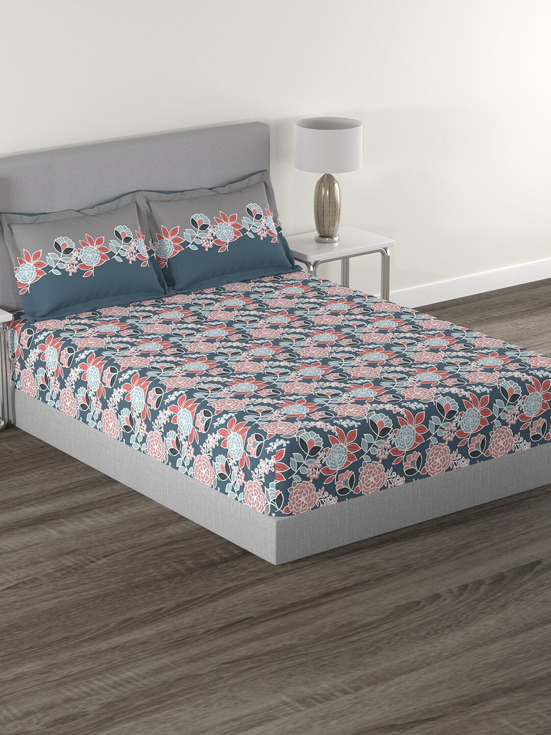 MYTRIDENT Blue Green Floral Cotton 144 TC Queen Bedsheet With 2 Pillow Covers - Distacart