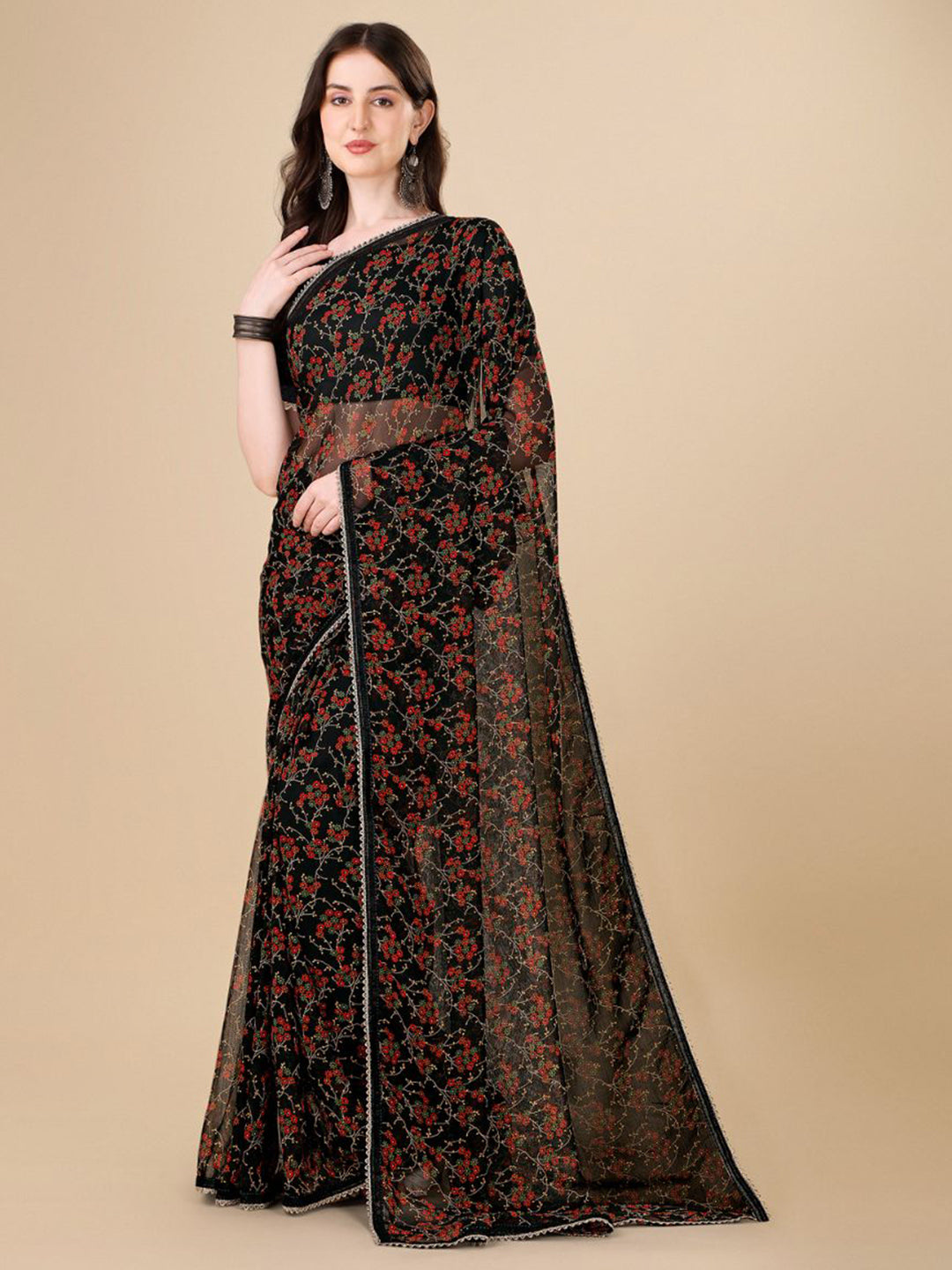 Sangria Black Floral Printed Gotta Patti Detail Pure Chiffon Saree - Distacart