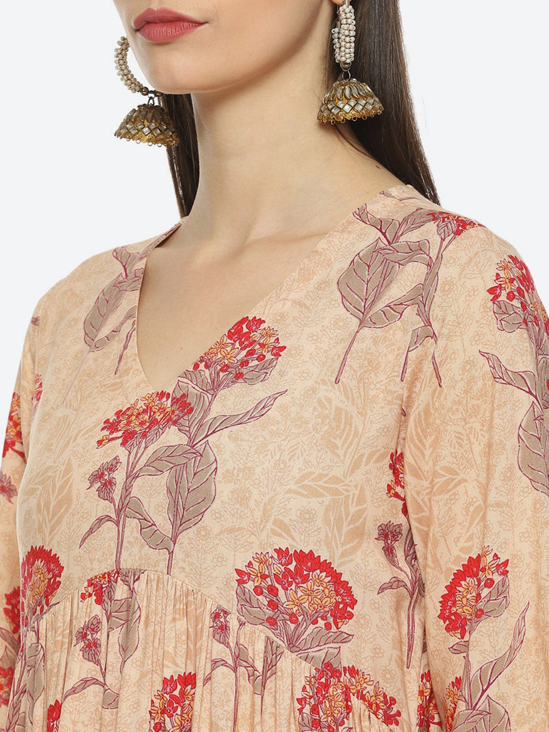 Biba Floral Printed V-Neck A-Line Kurta with Trousers & With Dupatta - Distacart